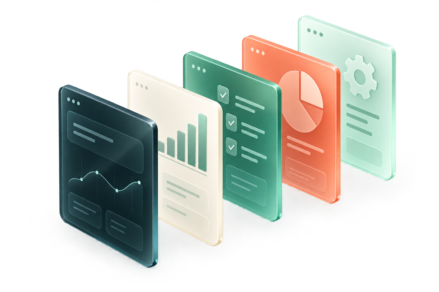 A dimensional stack of software dashboards